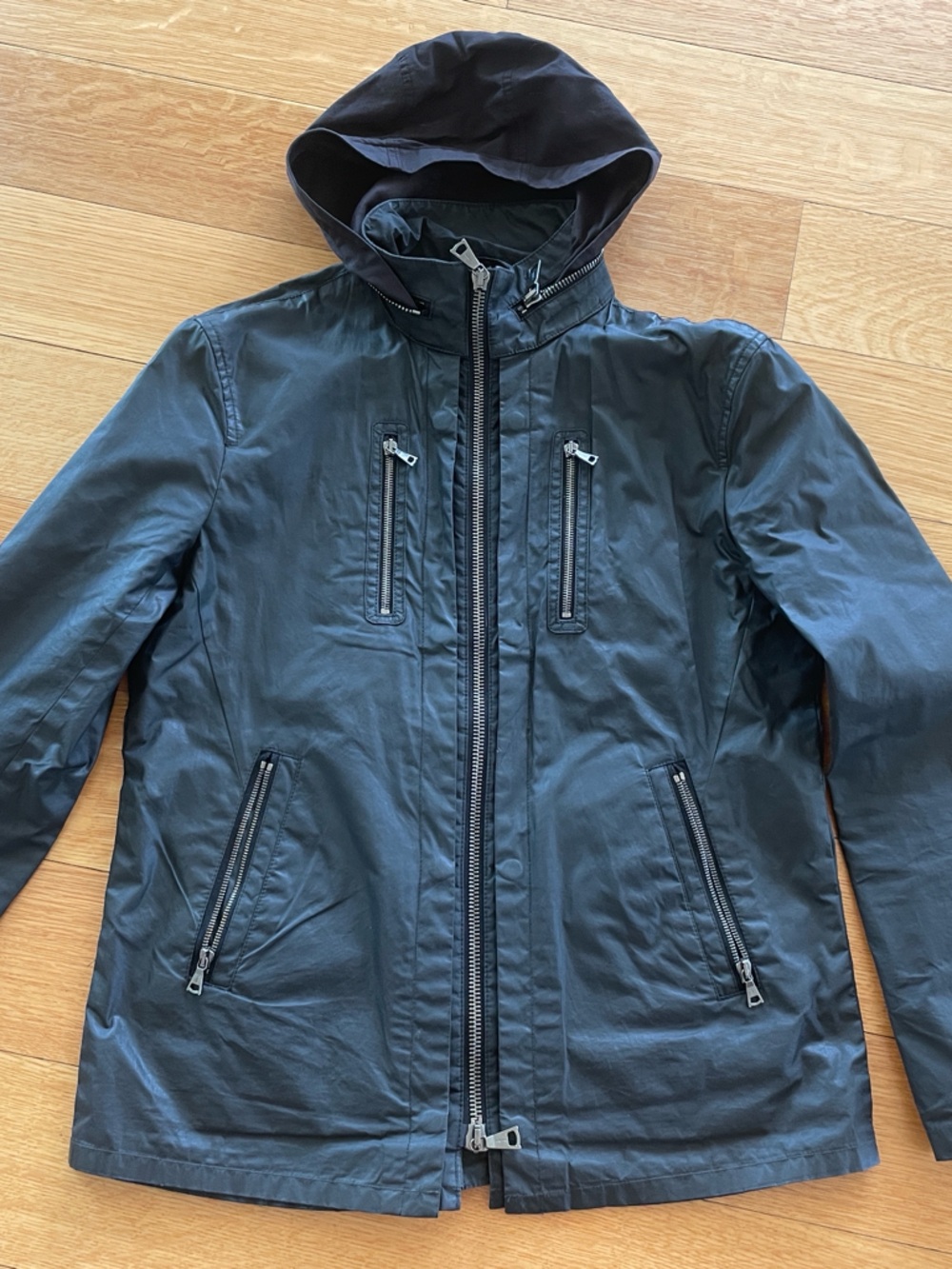 Black Hooded Zip Jacket, waxed cotton - Lightweight Casual Outerwear